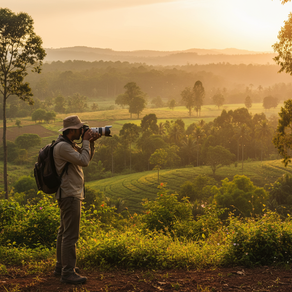 Photographer holding DSLR camera up to eye, actively taking photos in lush green Karnataka forest, golden hour light