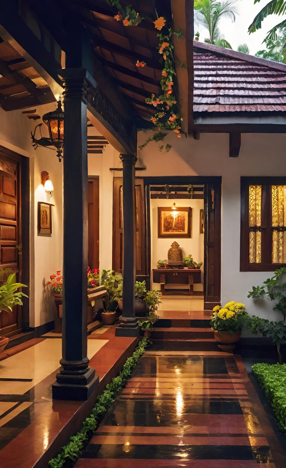 Spacious farmhouse with open verandah, lush green farmland in background, bright airy daylight atmosphere